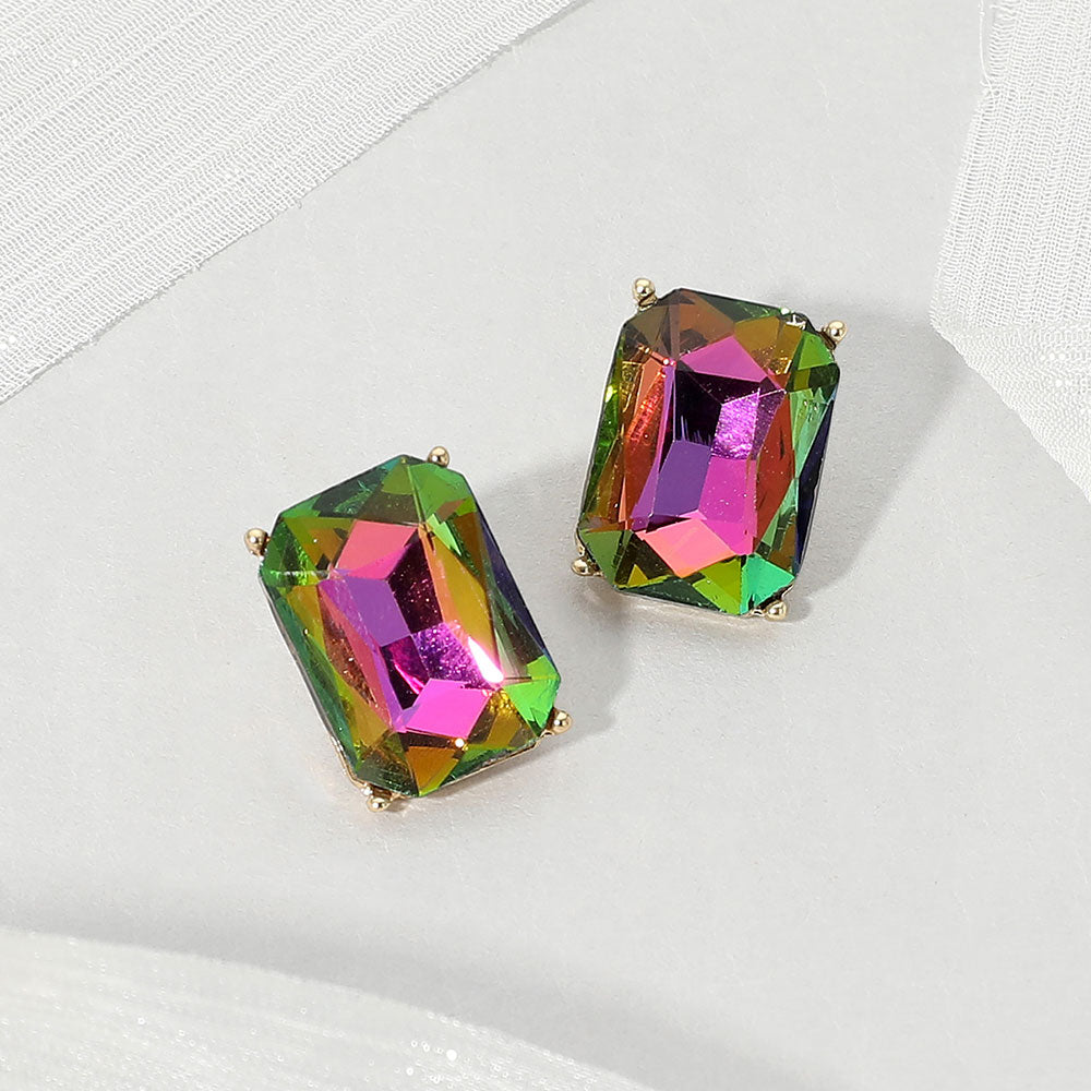 Madeline Love Gold, Vitrail Medium Emerald Cut Stone Cluster Evening Stud Earrings