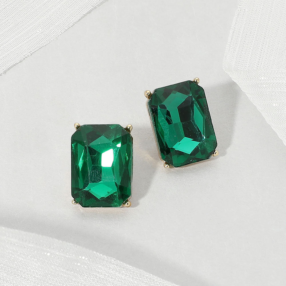 Madeline Love Emerald, Gold Emerald Cut Stone Cluster Evening Stud Earrings