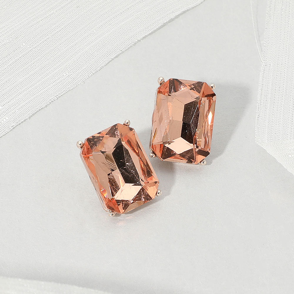 Madeline Love Peach, Rose Gold Emerald Cut Stone Cluster Evening Stud Earrings