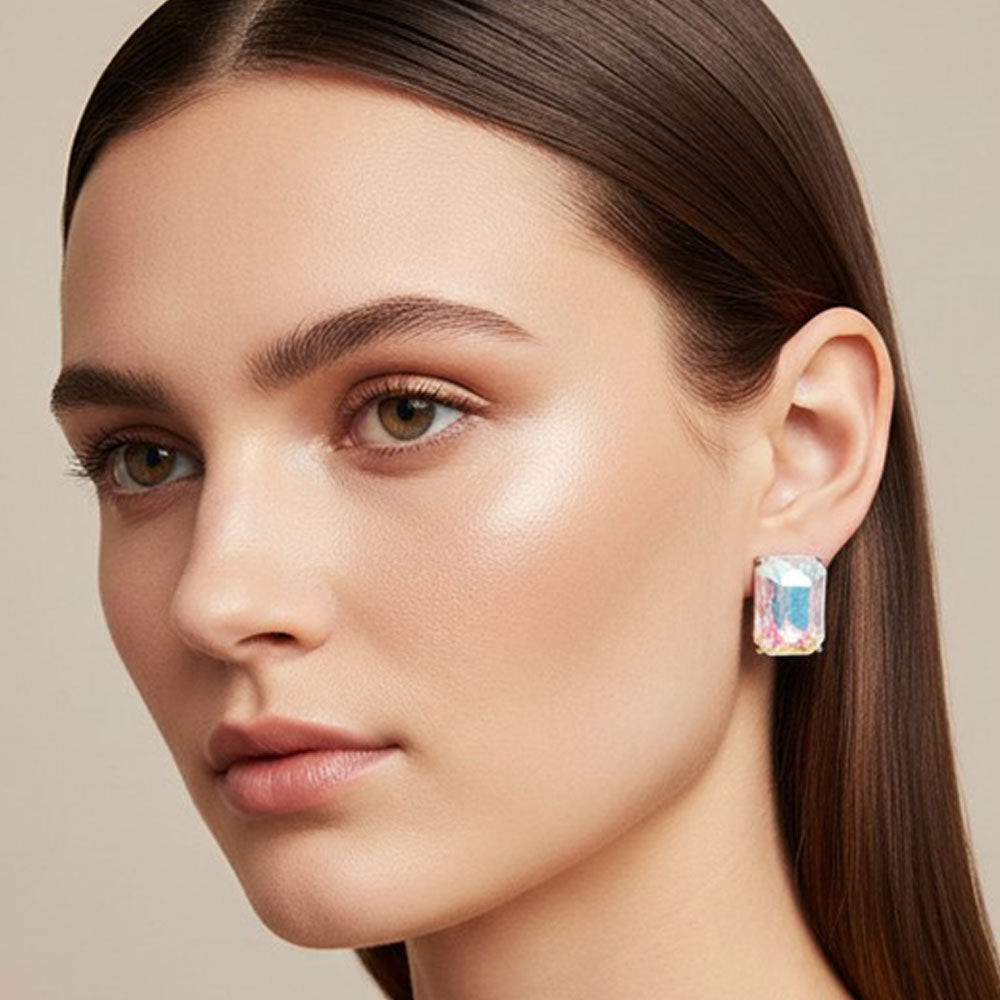 Madeline Love AB, Silver Emerald Cut Stone Cluster Evening Stud Earrings