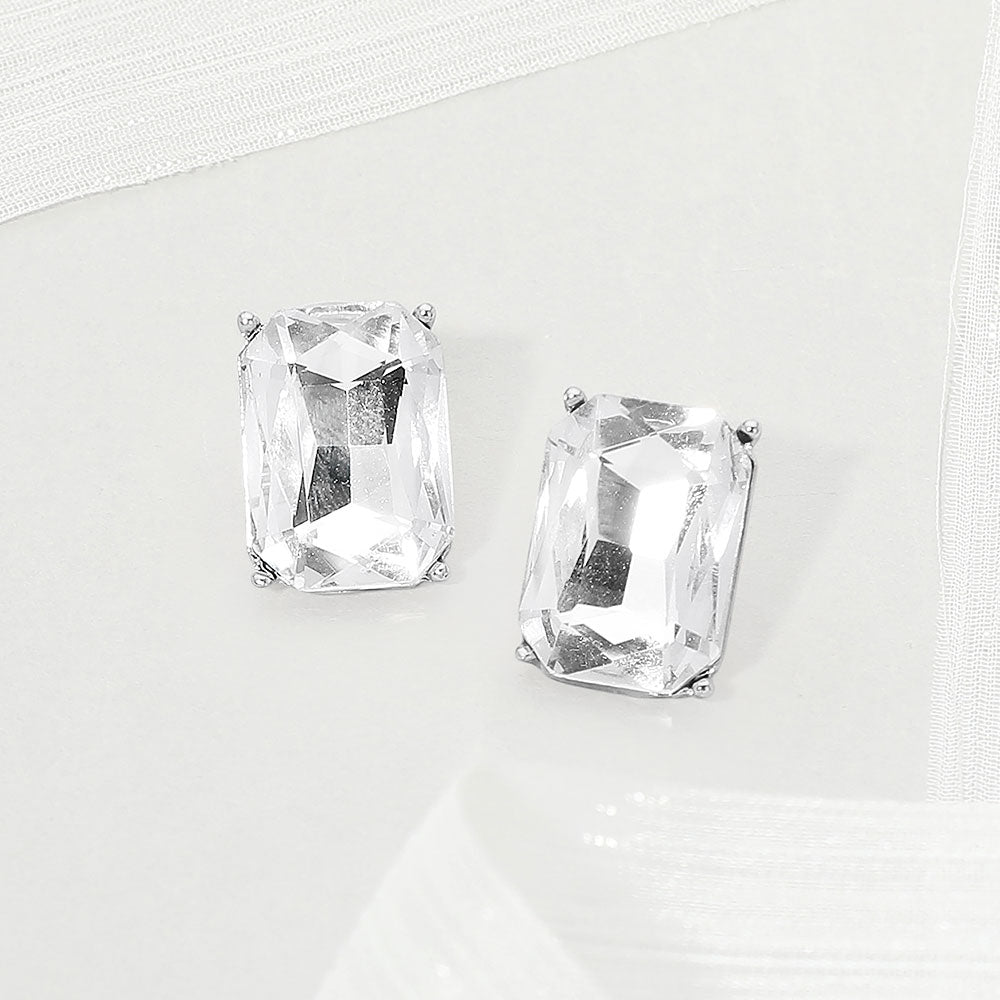 Madeline Love Clear, Silver Emerald Cut Stone Cluster Evening Stud Earrings