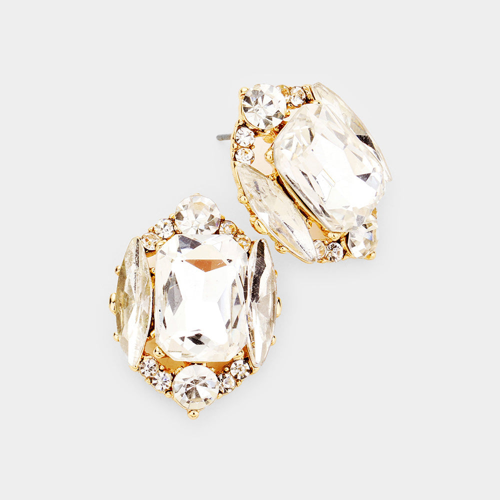 Madeline Love Gold Emerald Cut Stone Accented Stud Evening Earrings