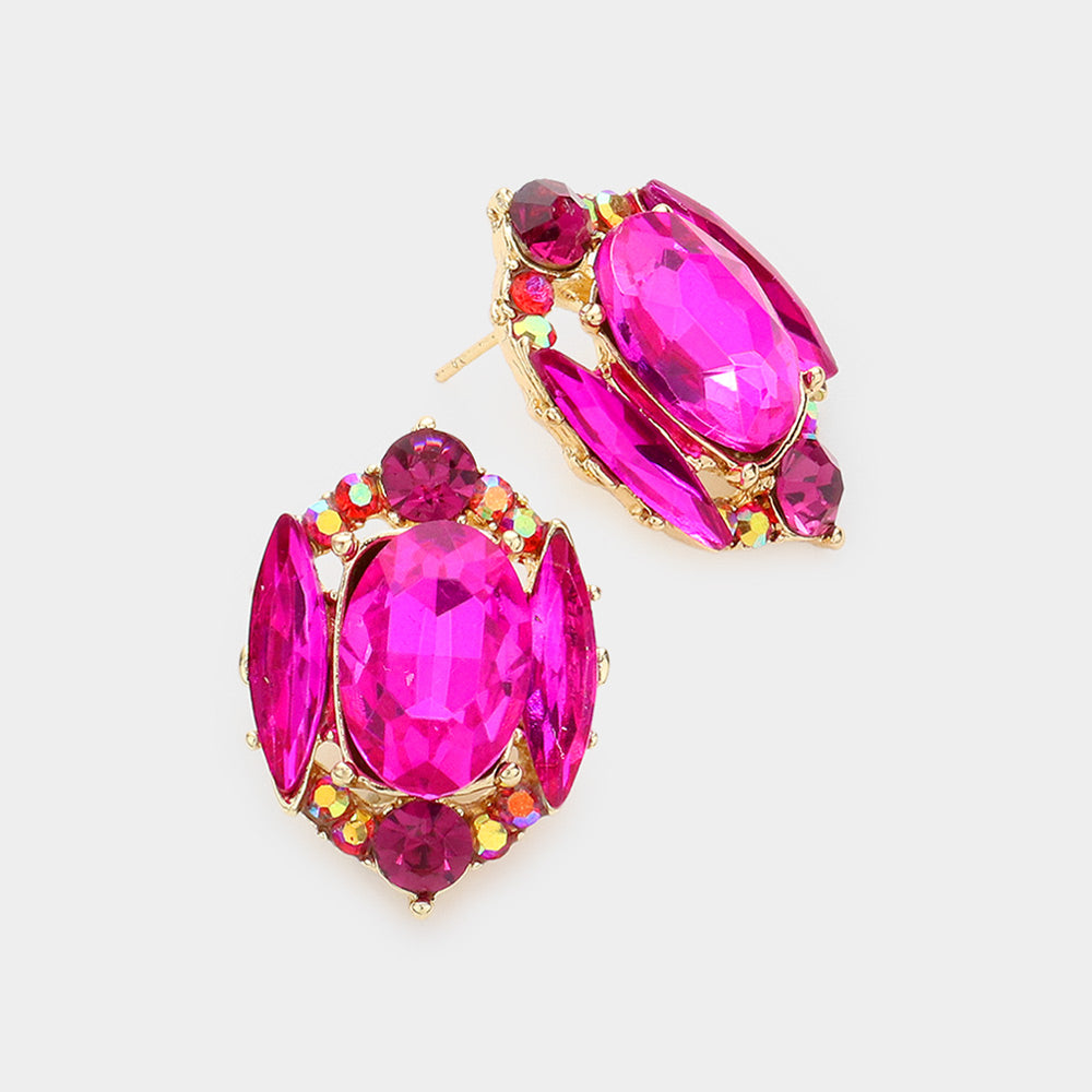 Madeline Love Fuchsia Emerald Cut Stone Accented Stud Evening Earrings