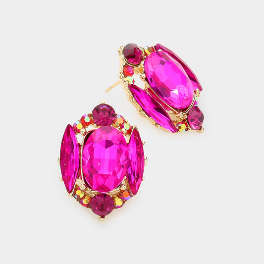 Madeline Love Fuchsia Emerald Cut Stone Accented Stud Evening Earrings