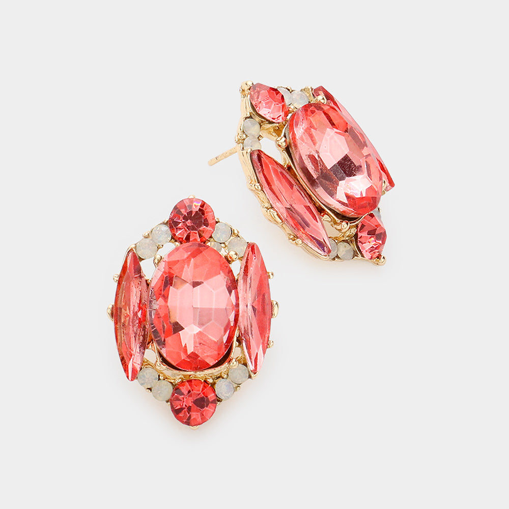 Madeline Love Coral Emerald Cut Stone Accented Stud Evening Earrings