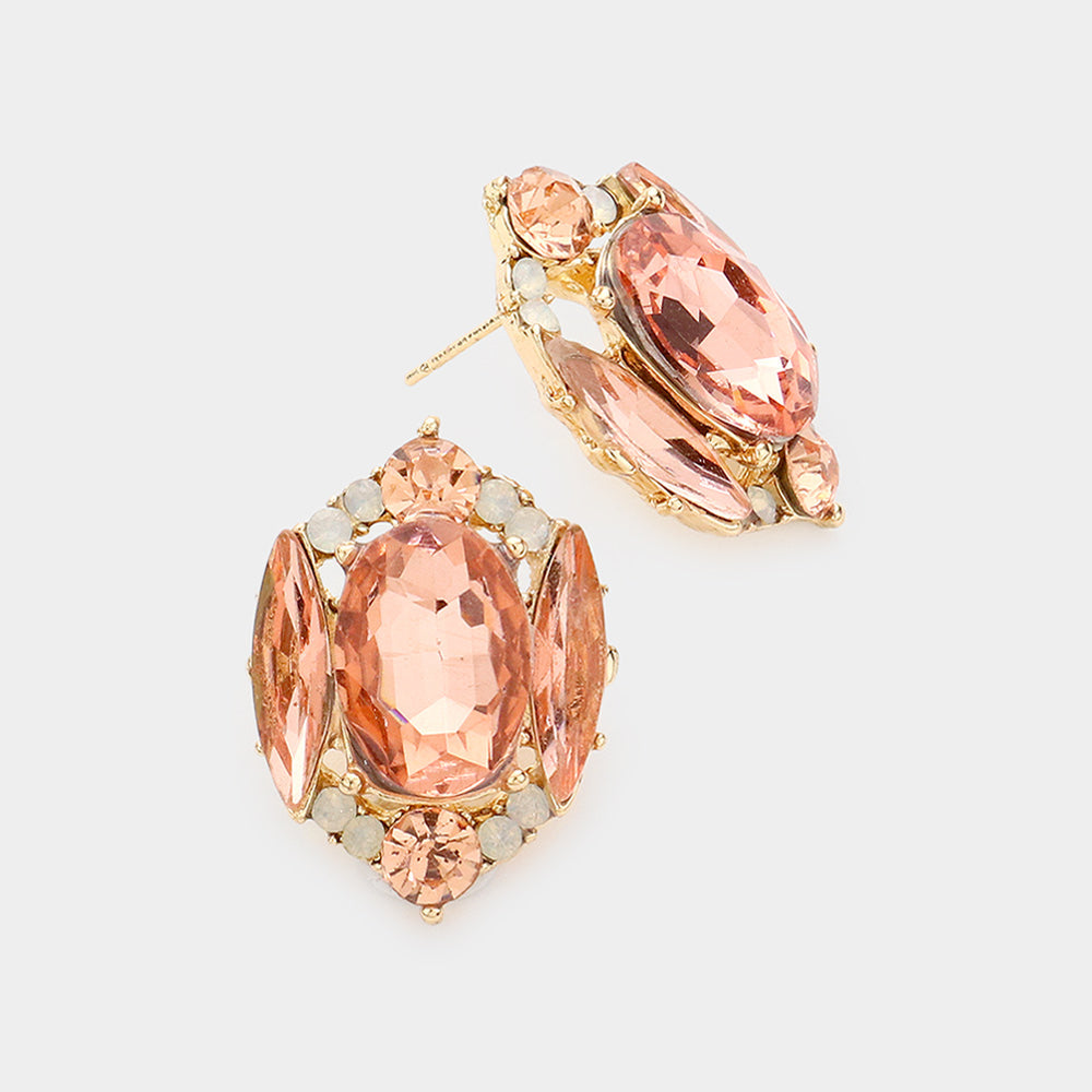 Madeline Love Peach Emerald Cut Stone Accented Stud Evening Earrings