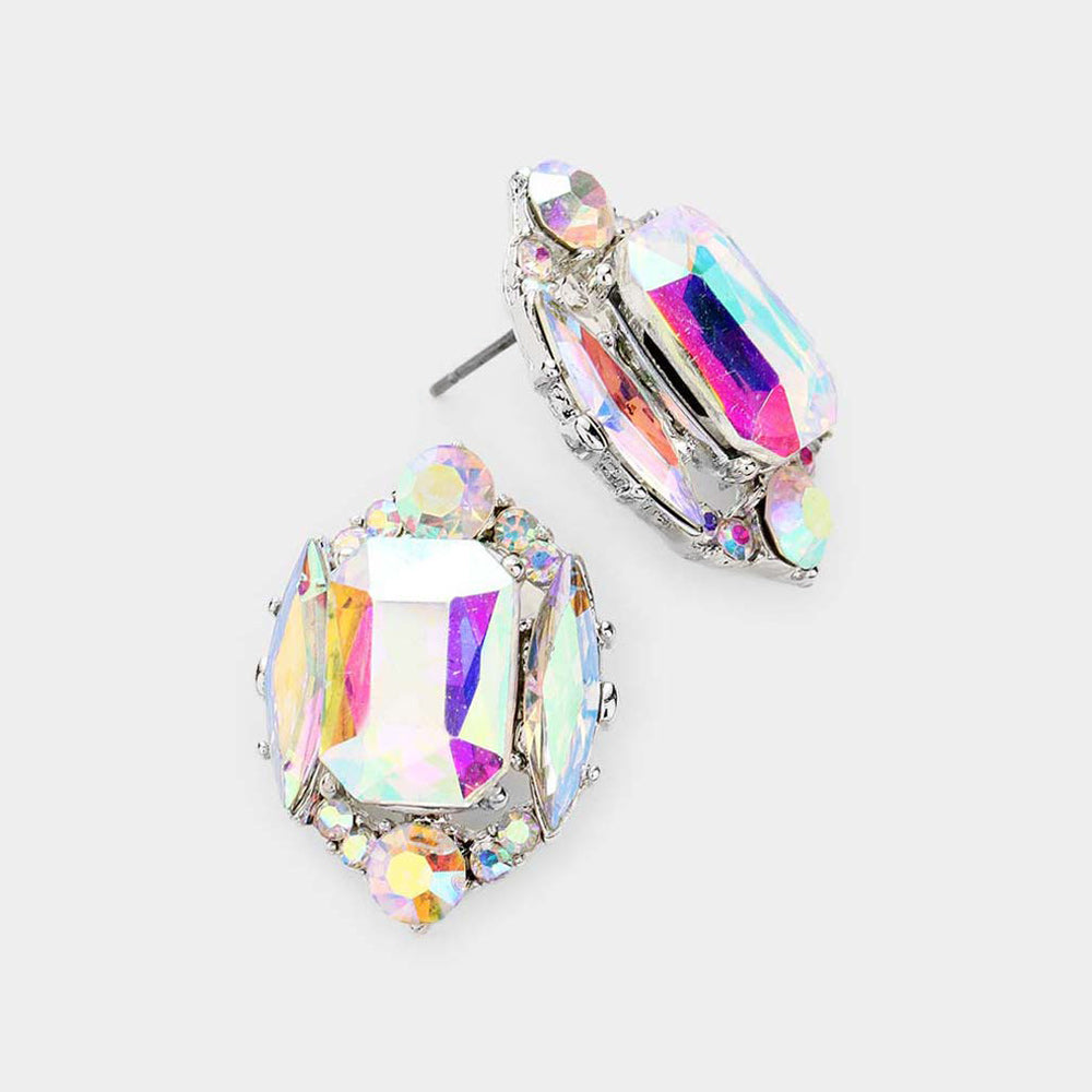 Madeline Love AB, Rhodium Emerald Cut Stone Accented Stud Evening Earrings