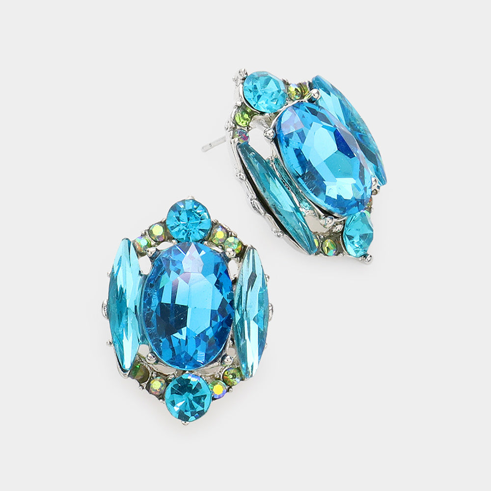Madeline Love Aqua Emerald Cut Stone Accented Stud Evening Earrings