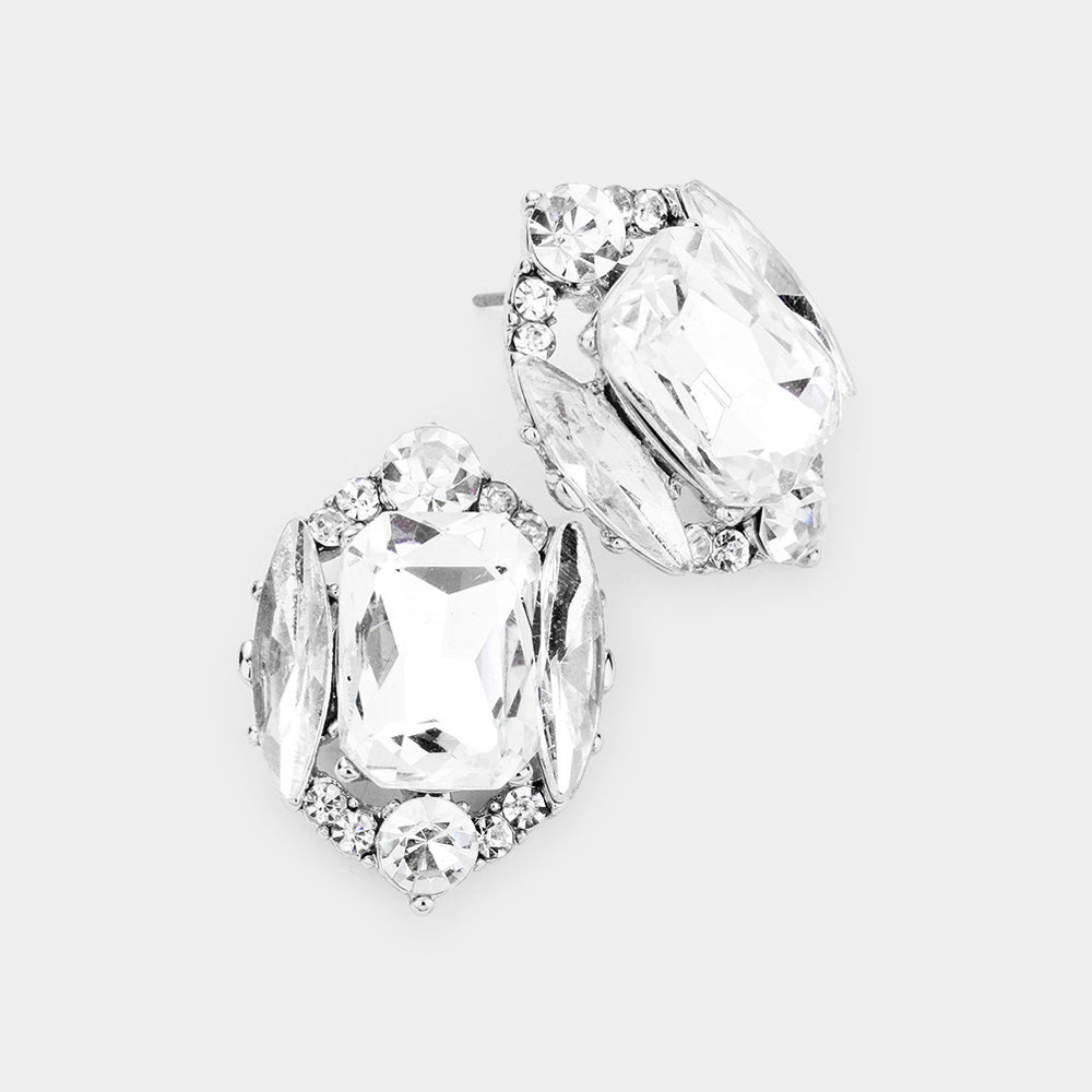 Madeline Love Rhodium Emerald Cut Stone Accented Stud Evening Earrings