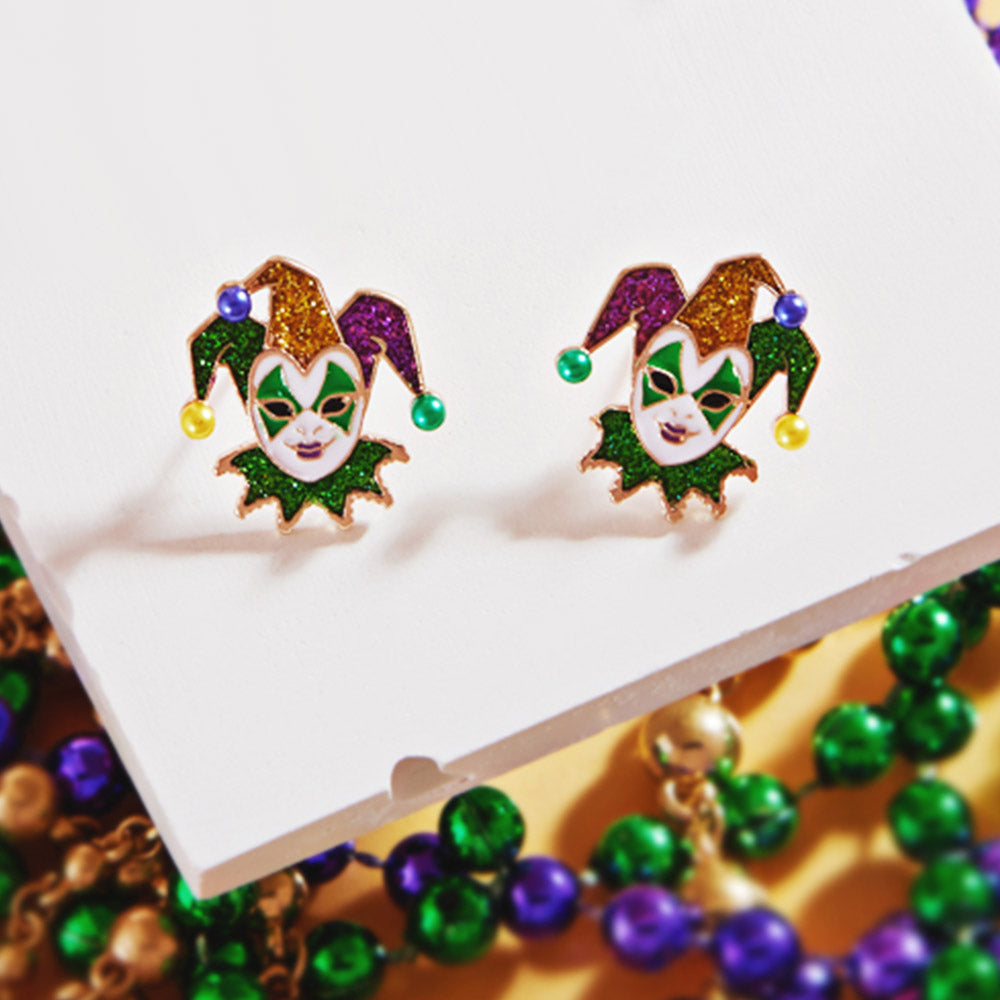Multi Mardi Gras Glittered Jester Pierrot Stud Earrings