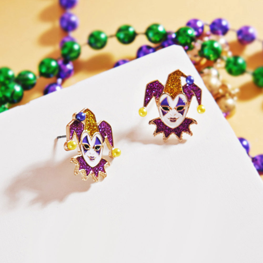 Purple Mardi Gras Glittered Jester Pierrot Stud Earrings