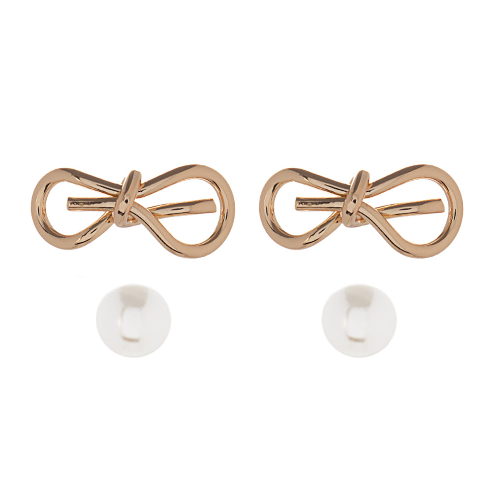 Madeline Love Gold 2Pairs - Metal Wire Bow Pearl Stud Earrings - desc