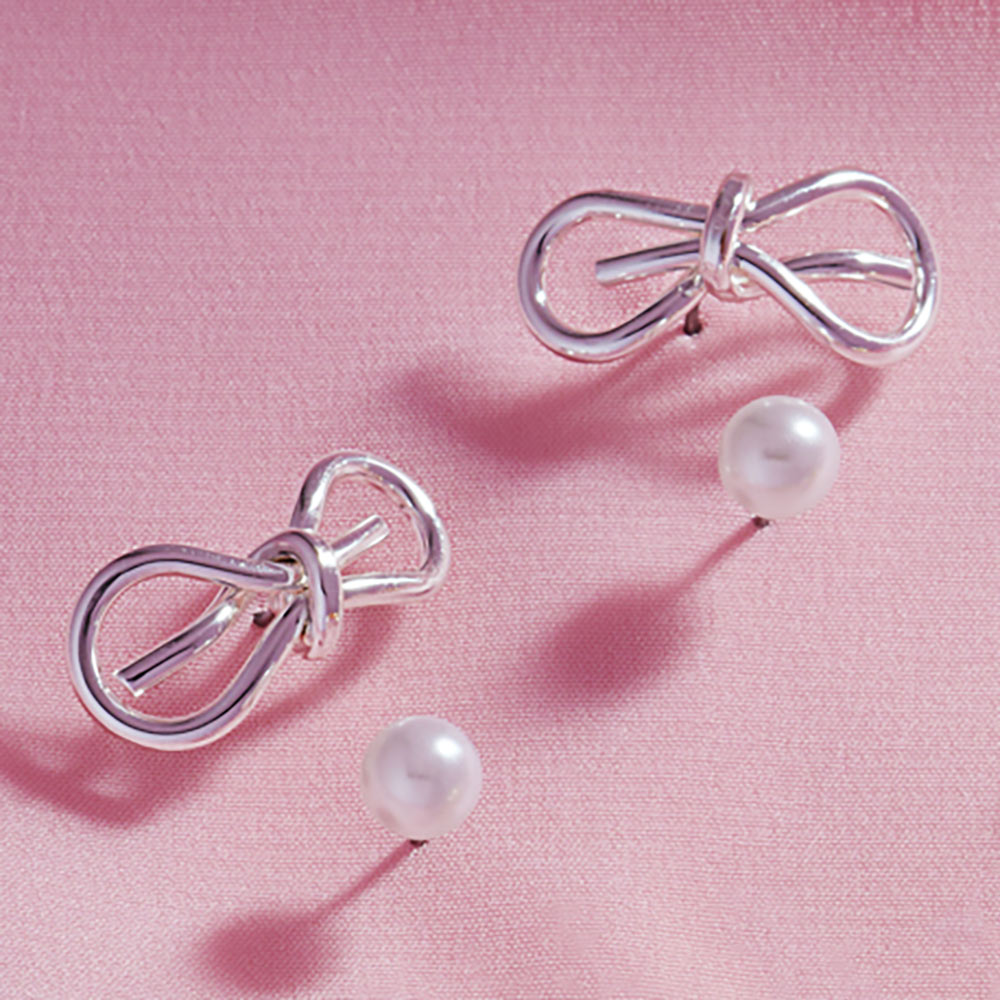 Madeline Love Silver 2Pairs - Metal Wire Bow Pearl Stud Earrings