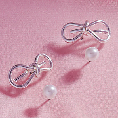 Madeline Love Silver 2Pairs - Metal Wire Bow Pearl Stud Earrings