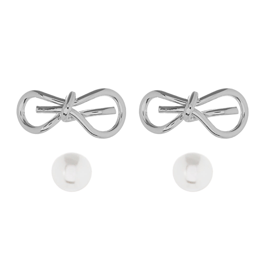 Madeline Love Silver 2Pairs - Metal Wire Bow Pearl Stud Earrings - desc