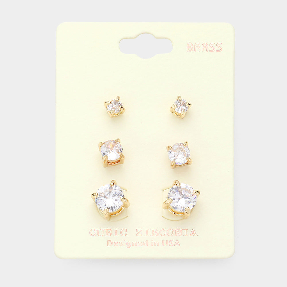 Madeline Love Gold 3Pairs - CZ Cubic Zirconia Round Stud Earrings