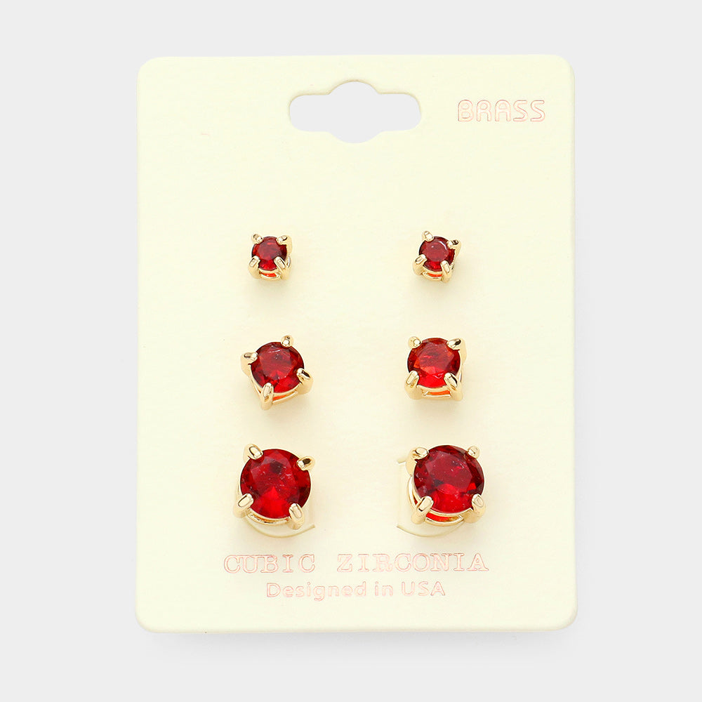 Madeline Love Gold, Red 3Pairs - CZ Cubic Zirconia Round Stud Earrings