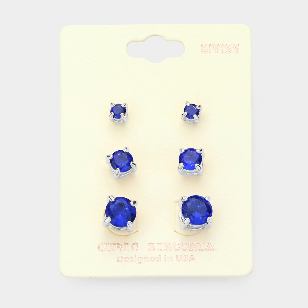 Madeline Love Sapphire 3Pairs - CZ Cubic Zirconia Round Stud Earrings