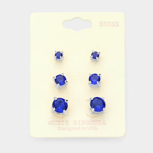 Madeline Love Sapphire 3Pairs - CZ Cubic Zirconia Round Stud Earrings