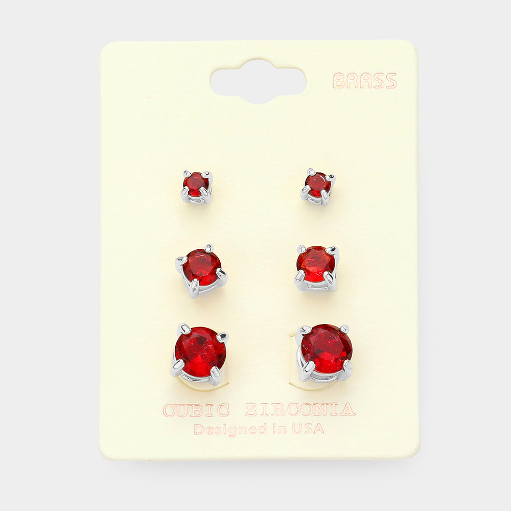 Madeline Love Red 3Pairs - CZ Cubic Zirconia Round Stud Earrings