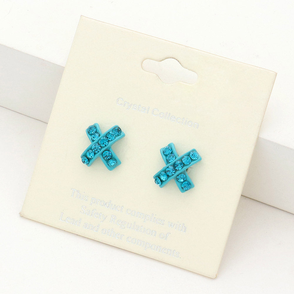 Blue Zircon Rhinestone Embellished Crisscross Stud Earrings
