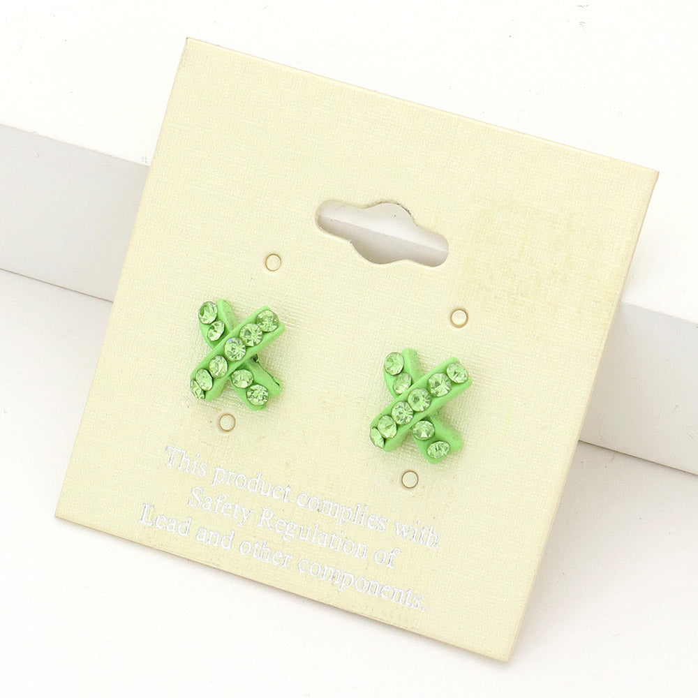 Peridot Rhinestone Embellished Crisscross Stud Earrings