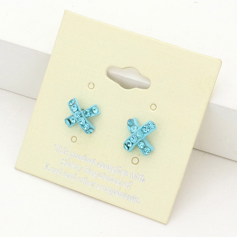 Aqua Rhinestone Embellished Crisscross Stud Earrings