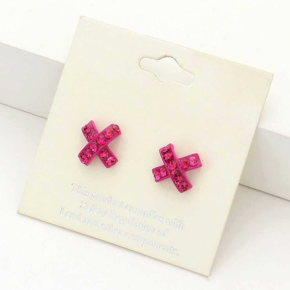 Fuchsia Rhinestone Embellished Crisscross Stud Earrings