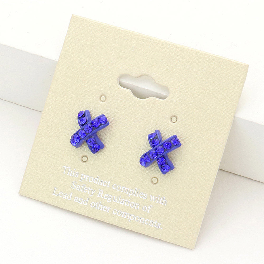Sapphire Rhinestone Embellished Crisscross Stud Earrings