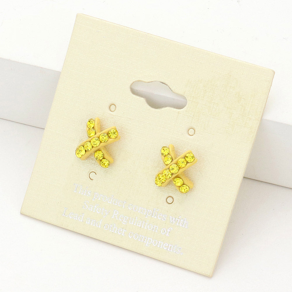 Yellow Rhinestone Embellished Crisscross Stud Earrings