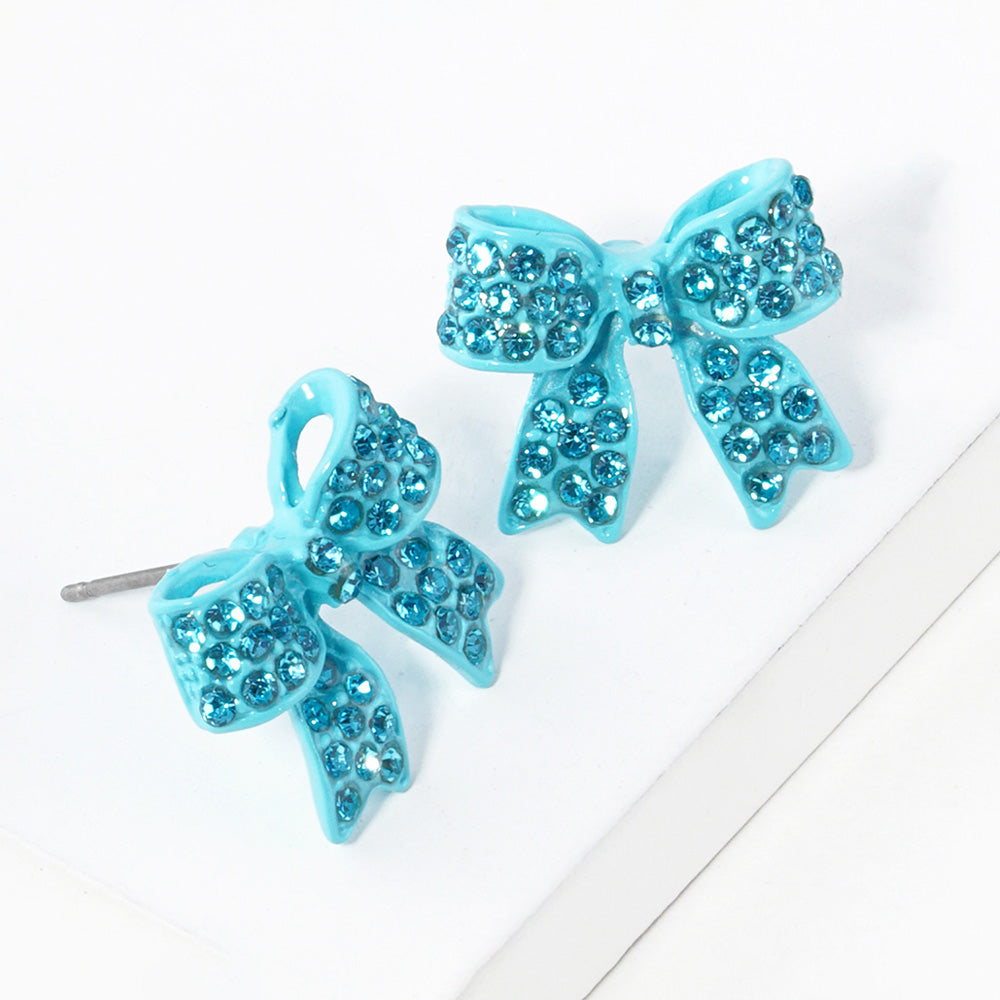 Aqua Pave bow stud earrings