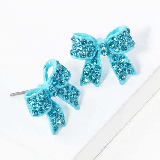 Aqua Pave bow stud earrings