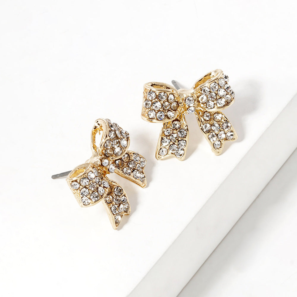 Madeline Love Clear, Gold Crystal Rhinestone Pave Bow Stud Earrings