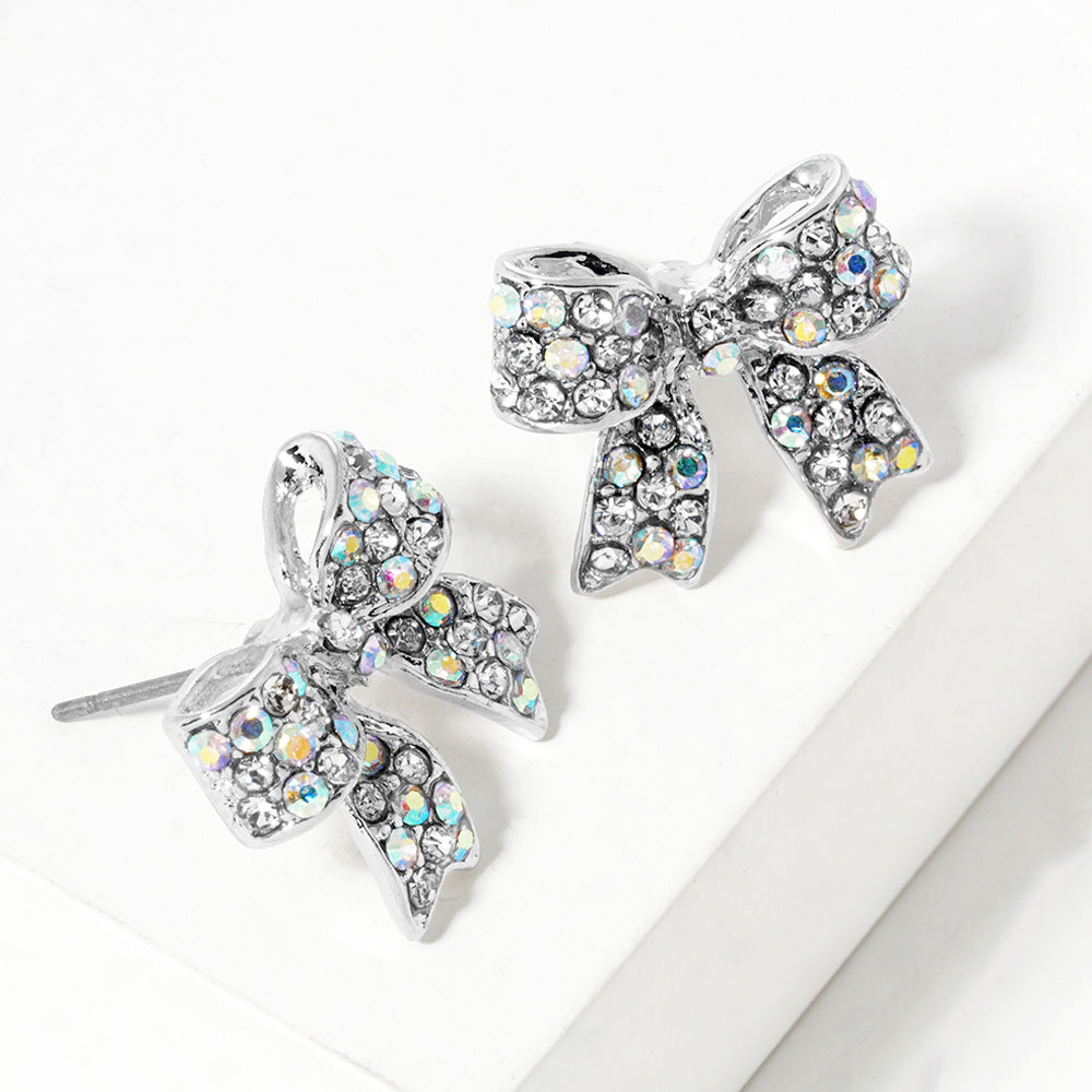 AB, Rhodium Pave bow stud earrings