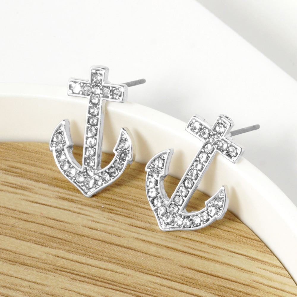 Madeline Love Clear, Rhodium Crystal Stone Paved Anchor Stud Earrings