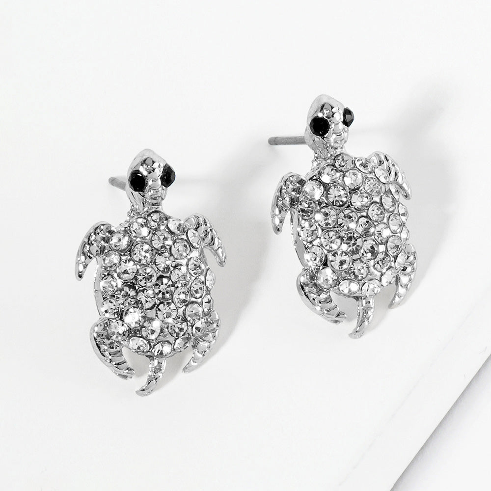 Madeline Love Clear, Rhodium Crystal Rhinestone Paved Turtle Stud Earrings