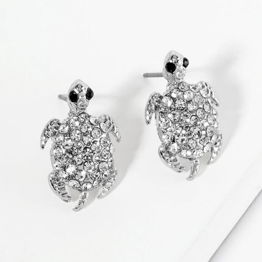 Madeline Love Clear, Rhodium Crystal Rhinestone Paved Turtle Stud Earrings