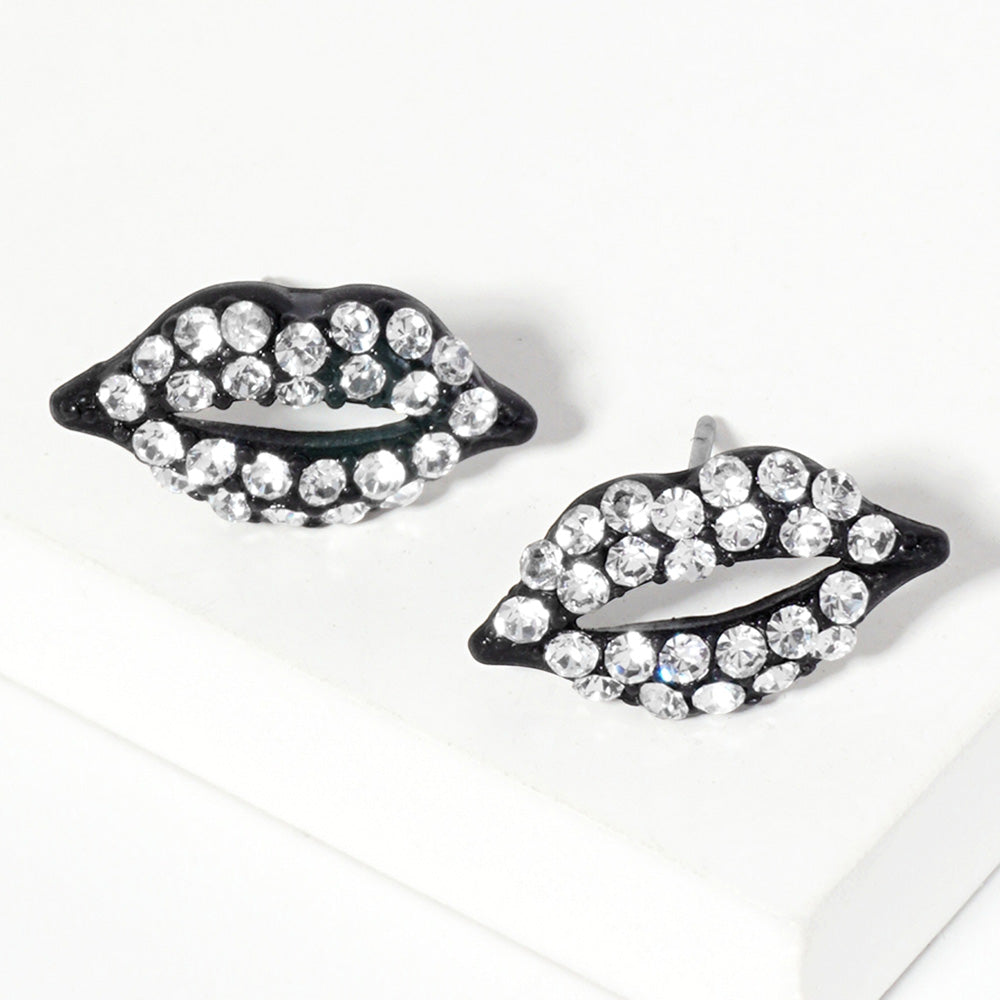 Black, Clear, Rhodium Crystal Rhinestone Paved Lips Stud Earrings