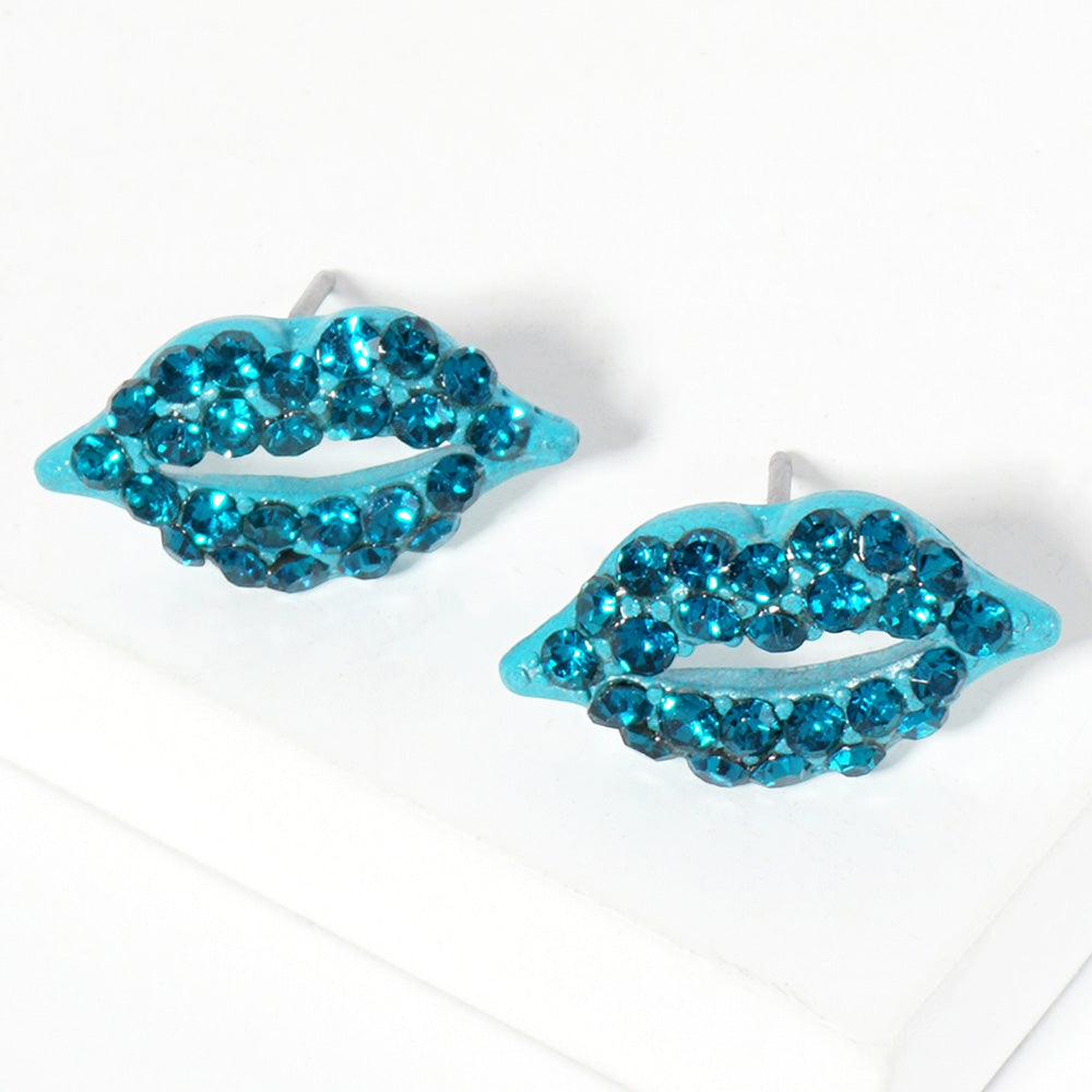 Blue Zircon Crystal Rhinestone Paved Lips Stud Earrings
