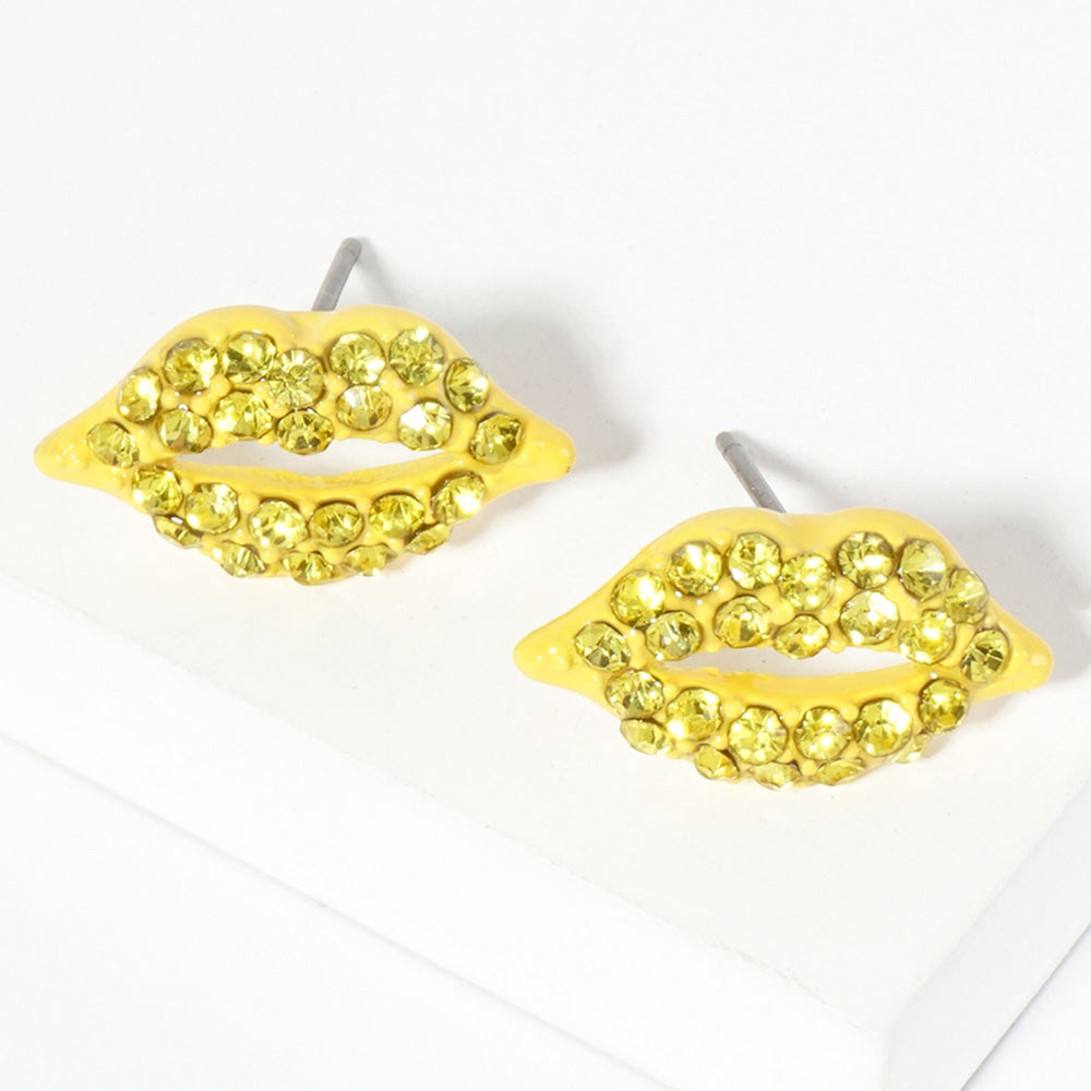 Yellow Crystal Rhinestone Paved Lips Stud Earrings