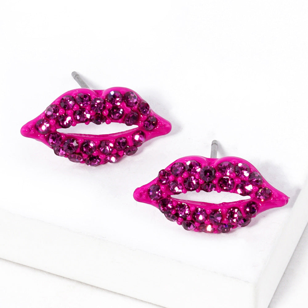 Fuchsia Crystal Rhinestone Paved Lips Stud Earrings
