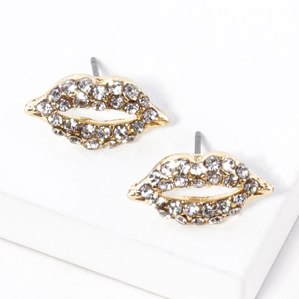 Clear, Gold Crystal Rhinestone Paved Lips Stud Earrings