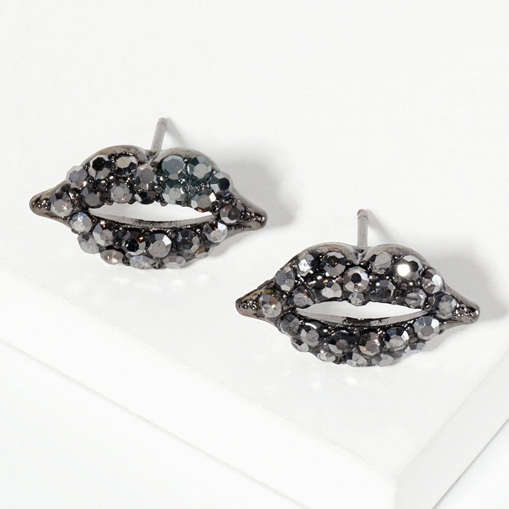 Hematite Crystal Rhinestone Paved Lips Stud Earrings