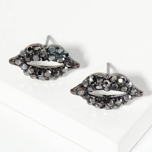 Hematite Crystal Rhinestone Paved Lips Stud Earrings