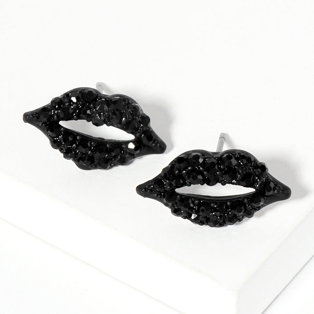 Jet Black Crystal Rhinestone Paved Lips Stud Earrings