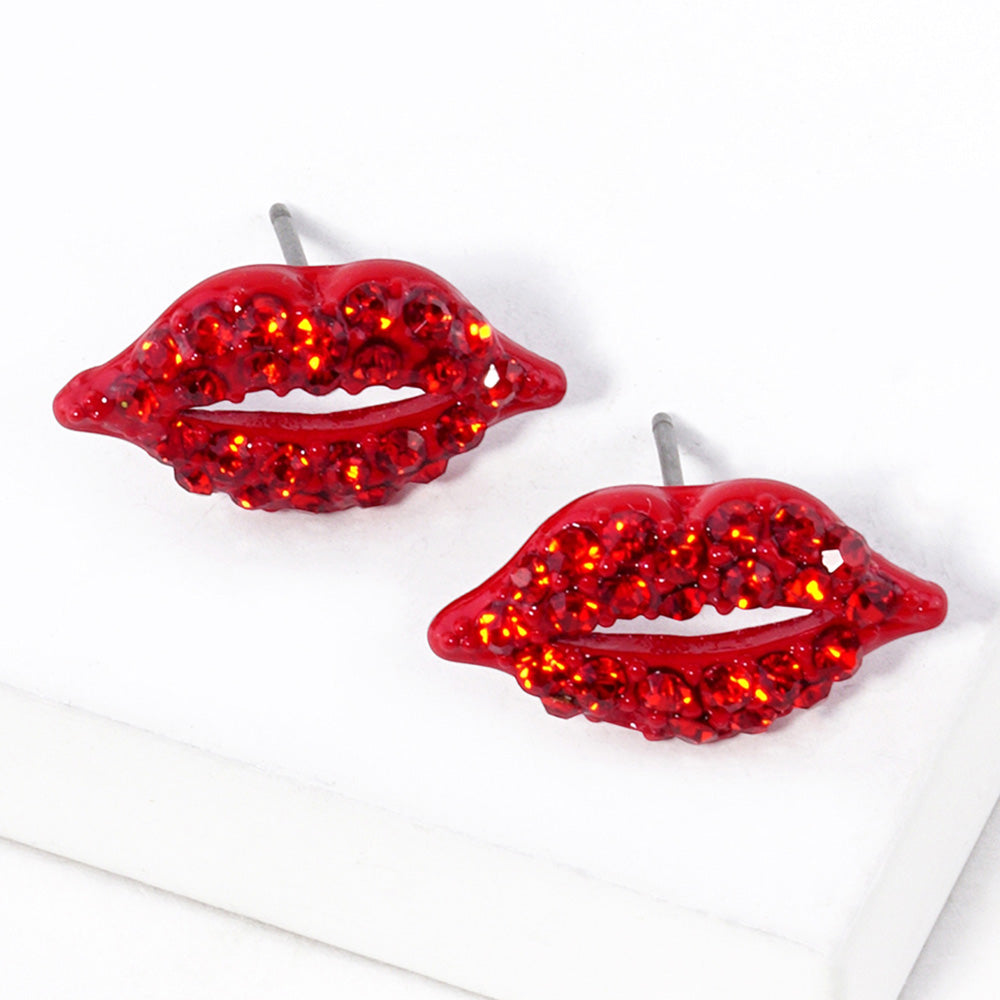 Siam Crystal Rhinestone Paved Lips Stud Earrings