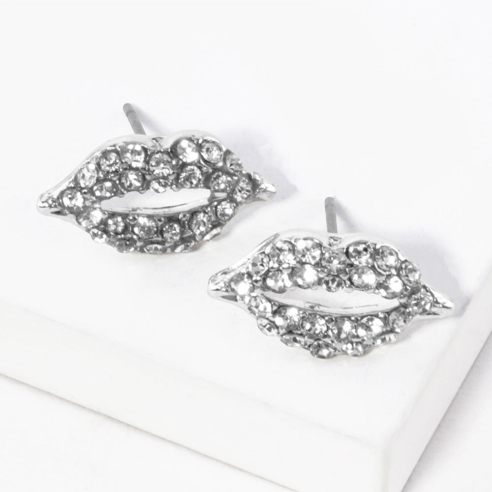 Clear, Rhodium Crystal Rhinestone Paved Lips Stud Earrings