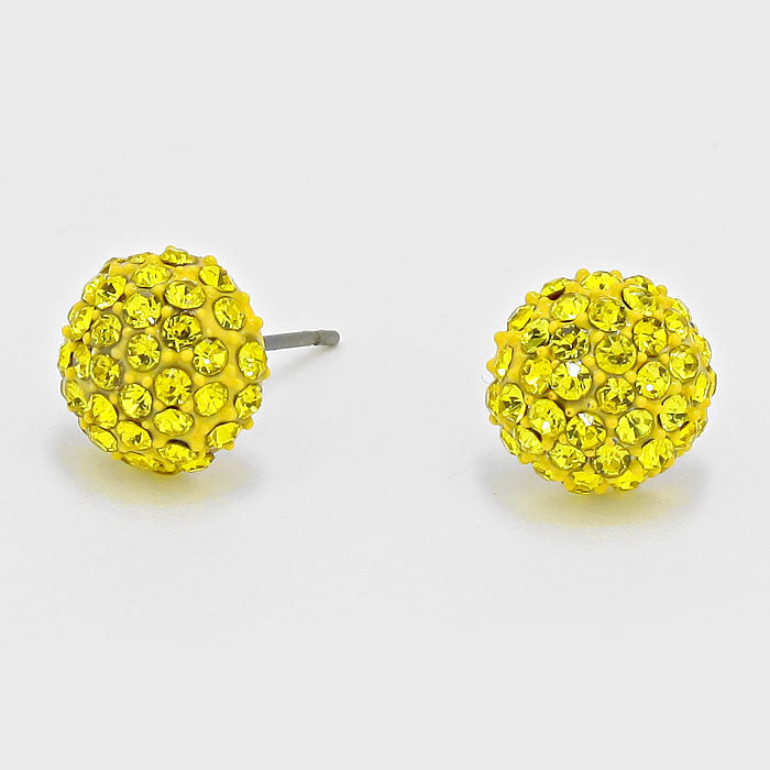 Yellow Crystal Pave Round Dome Stud Earrings