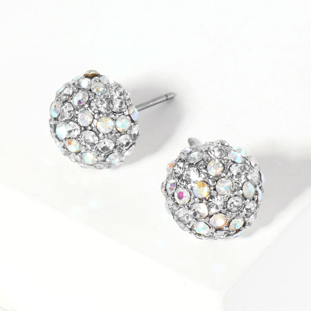 AB, Rhodium Crystal Pave Round Dome Stud Earrings