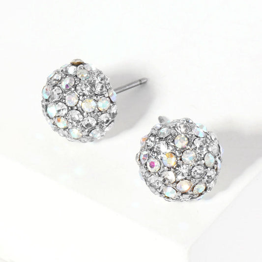 AB, Rhodium Crystal Pave Round Dome Stud Earrings